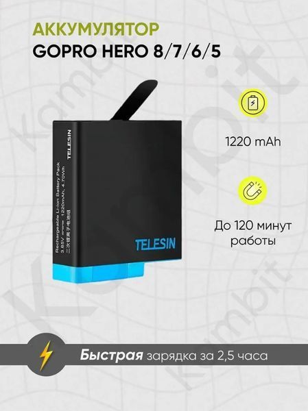 Зарядний пристрій для екшн камери GoPro Hero 8/7/6/5 з 2 акумуляторами Telesin 01125/01279(2) фото